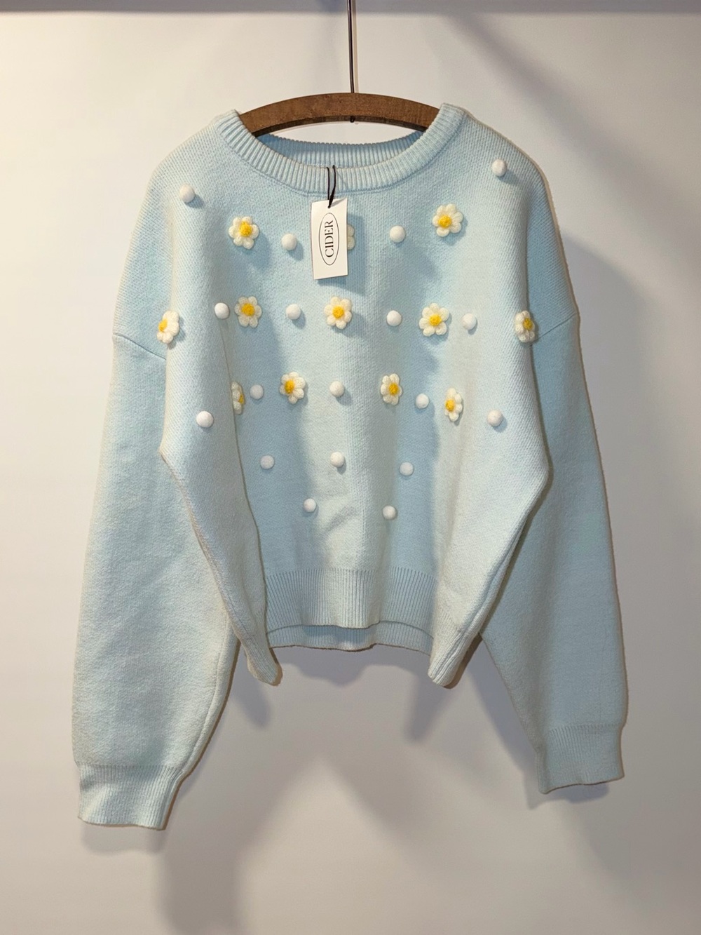 Cider Light Blue Daisy Pom-Pom Crewneck Sweater